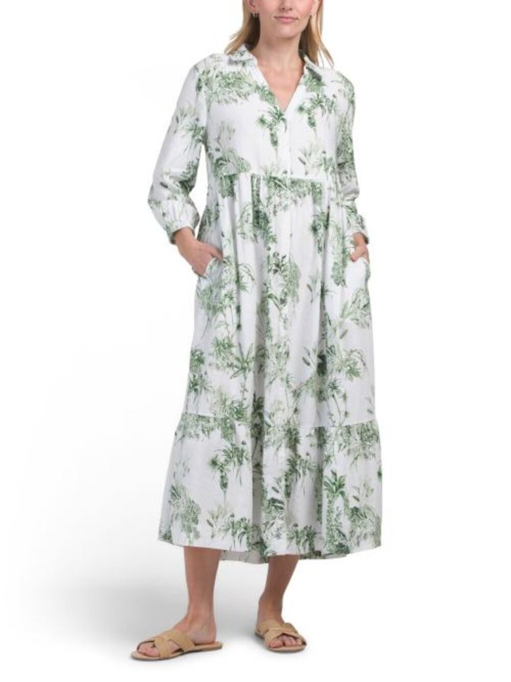 RACHEL ZOE Linen Blend Long Sleeve Button Front Maxi Shirt Dress With Flounce He - Picture 1 of 3